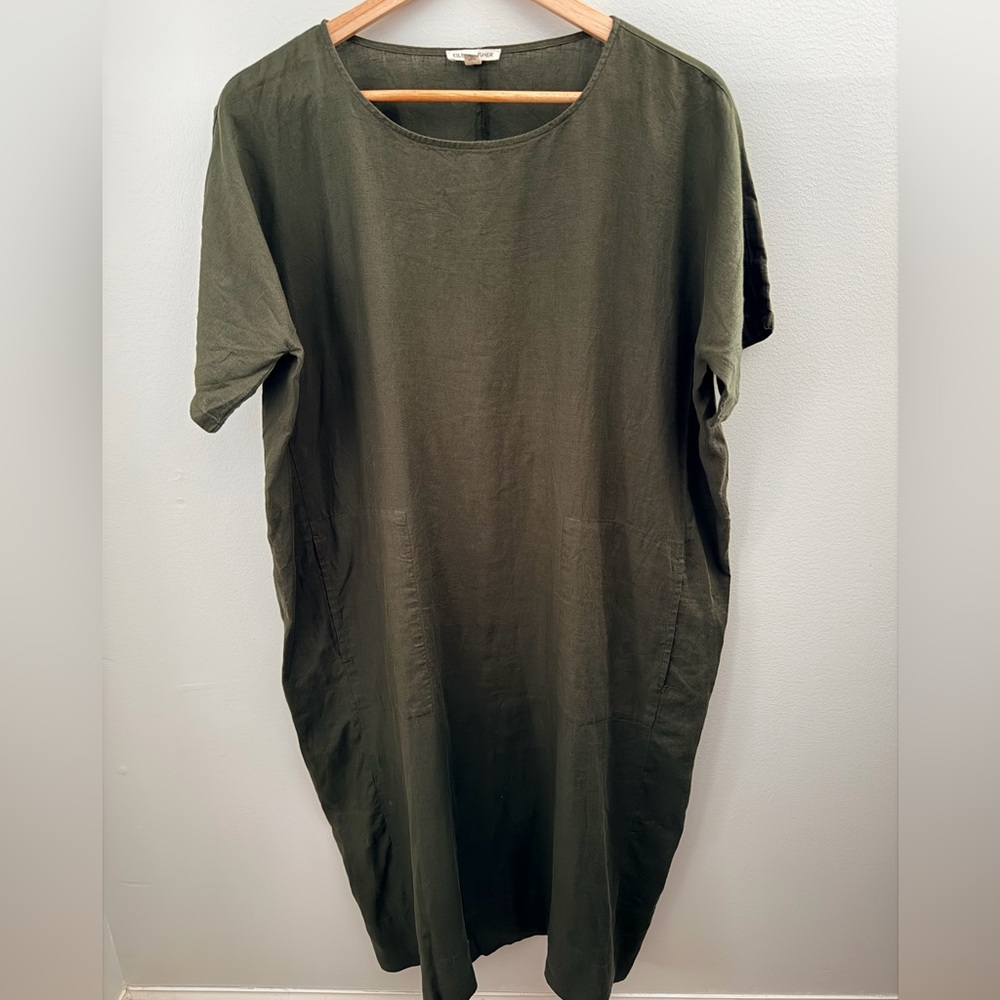 Eileen Fisher Olive Green 100% Linen Shift Dress S/P Coastal Grandma Lagenlook